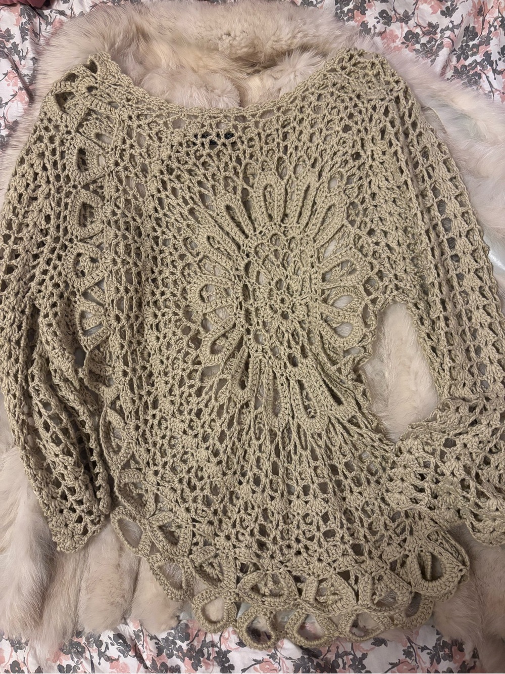 Boho Crochet Lace Knit Sweater Beige Dandelion Pattern Asymmetrical Bell Sleeves